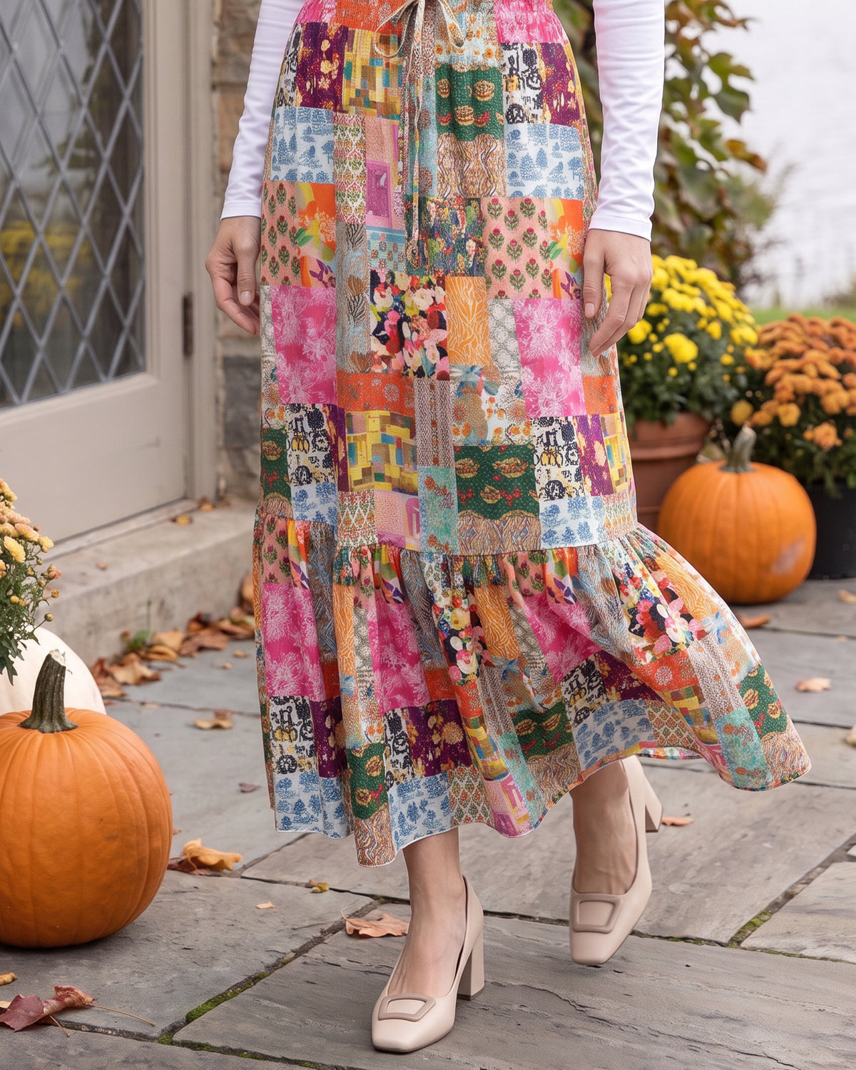Model wearing Nuggles® Sage Skirt in Carousel