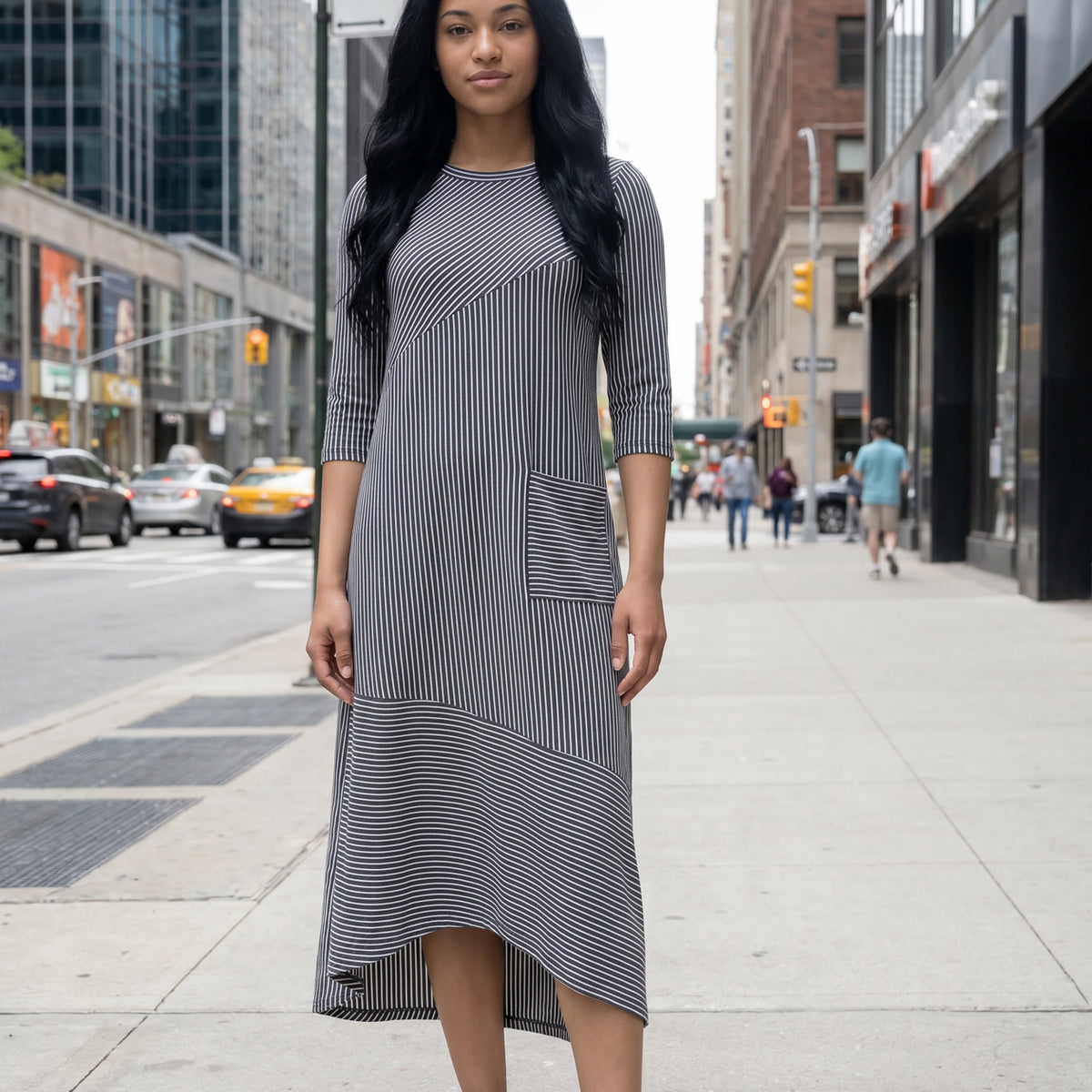 gray and white dress Modest Saylor Midi in Heather & Stripe women's clothing summer dresses Scuba Knit Fit & and graceful asymmetrical fluted Color:Dark Grey Oak