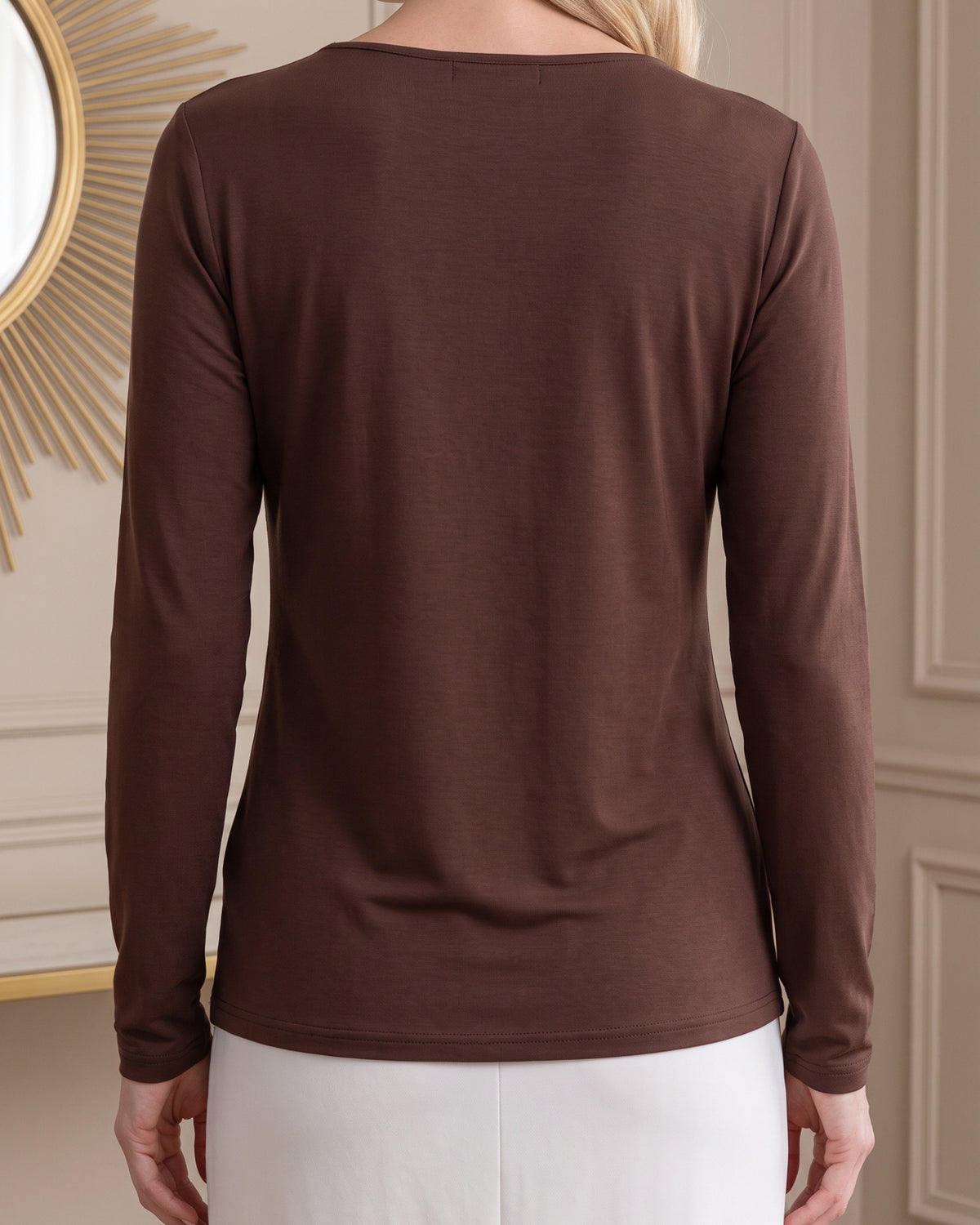 Model wearing Nuggles® Long Sleeve Essential Tee in Chocolate Brown
