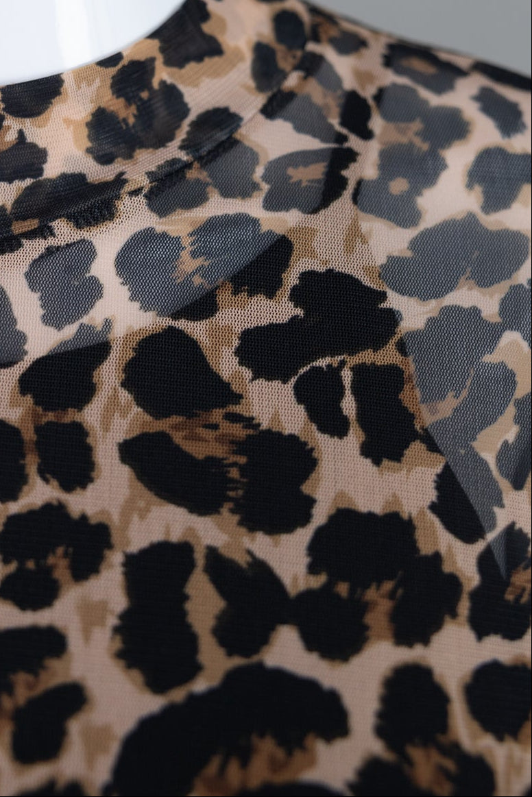 Classic Leopard Mesh Midi by Nuggles, long-sleeve sheer mesh modest dress in bold leopard print