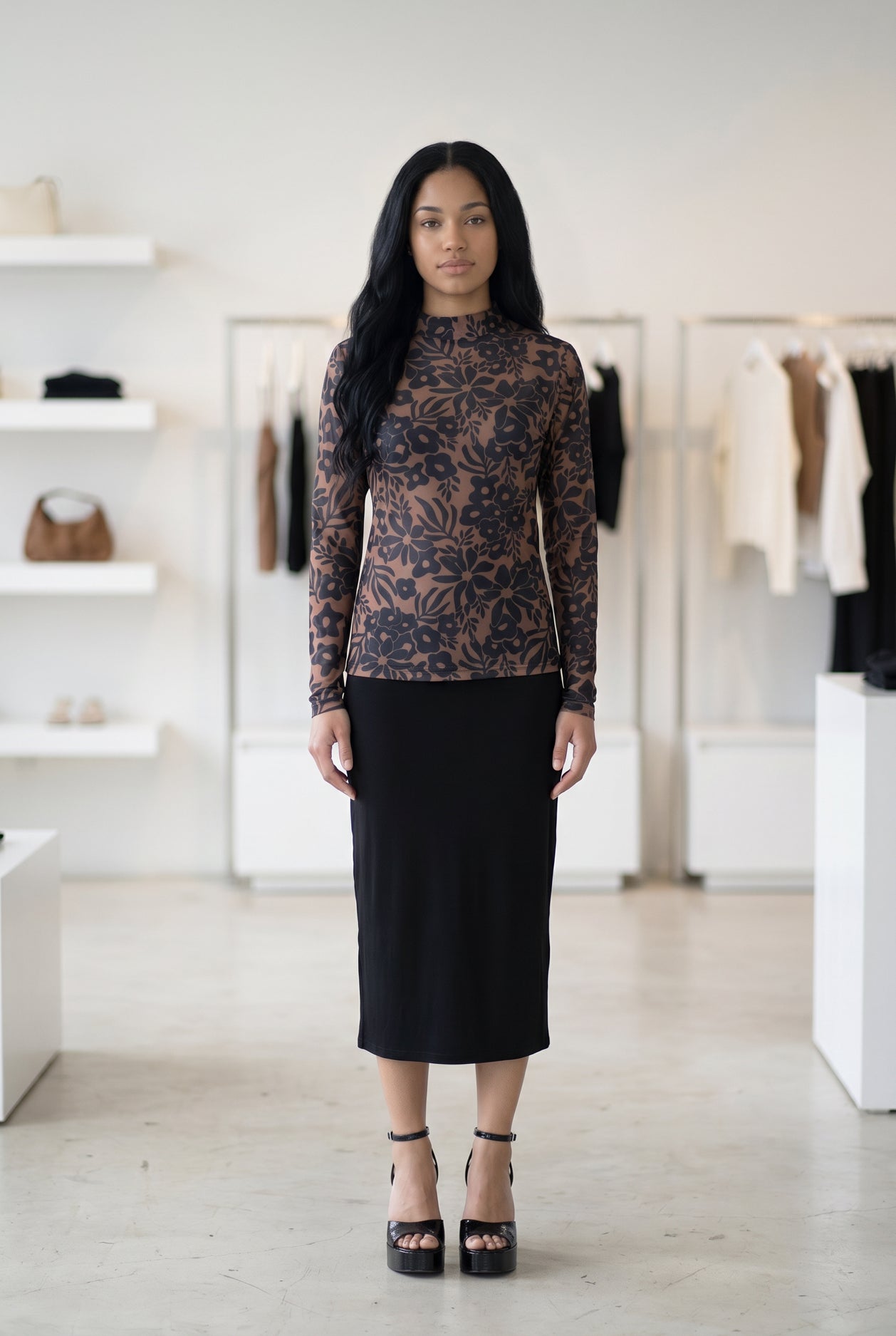 Model wearing Nuggles® Mesh Tee in Cocoa Bloom