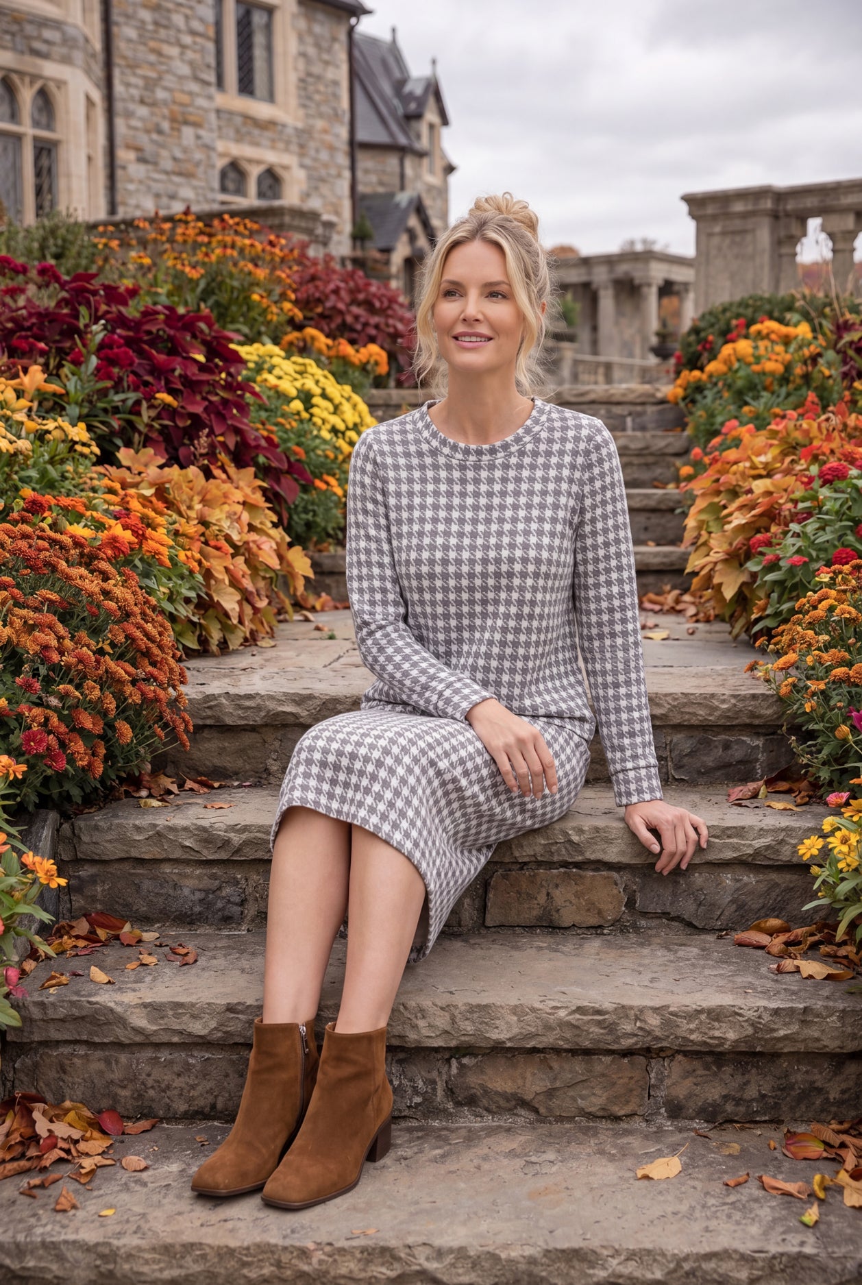 Model wearing Nuggles® Iris Sweater Shirt in Cookie Check
