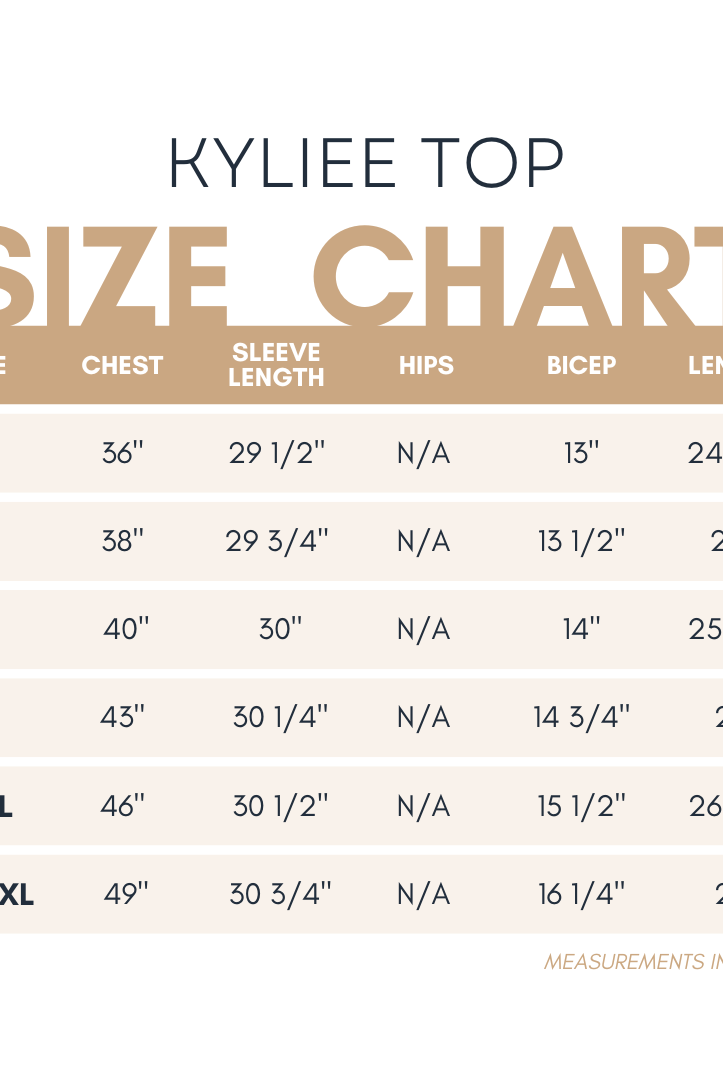 Kyliee Top size chart by Nuggles® – measurements for bust, waist, and length in inches for sizes S to 3X.