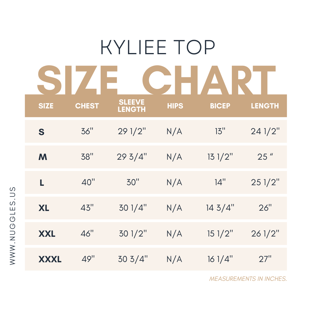 Kyliee Top size chart by Nuggles® – measurements for bust, waist, and length in inches for sizes S to 3X.