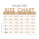Kyliee Top size chart by Nuggles® – measurements for bust, waist, and length in inches for sizes S to 3X.