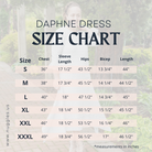 Ladies Daphne Dress size chart – Nuggles® women’s modest dress measurements with length and fit details.