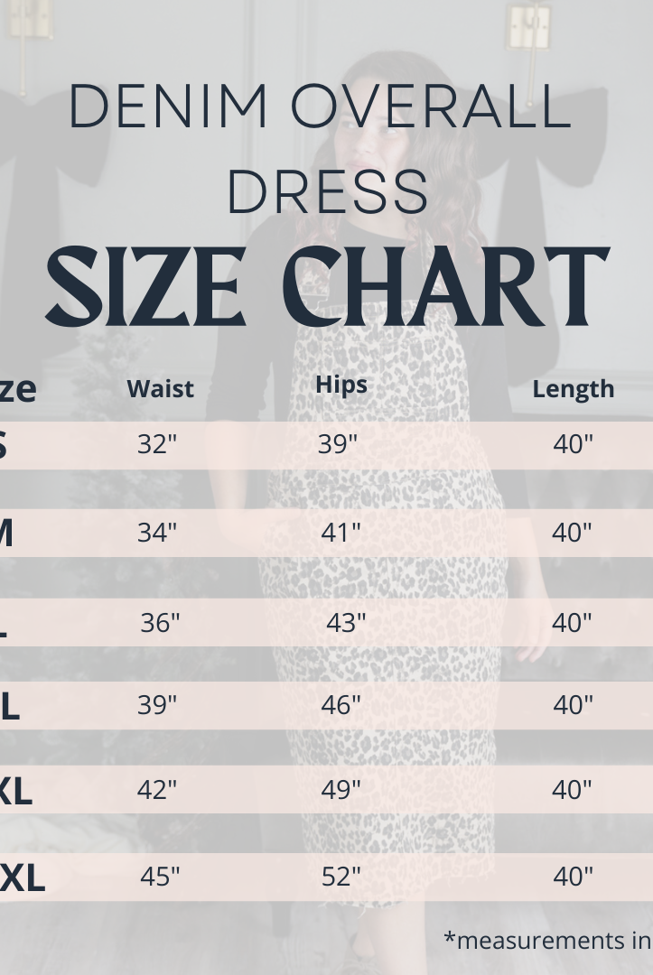 Size chart for Nuggles® Denim Overalls showing waist, hip, and length measurements for sizes S to XXXL in inches.