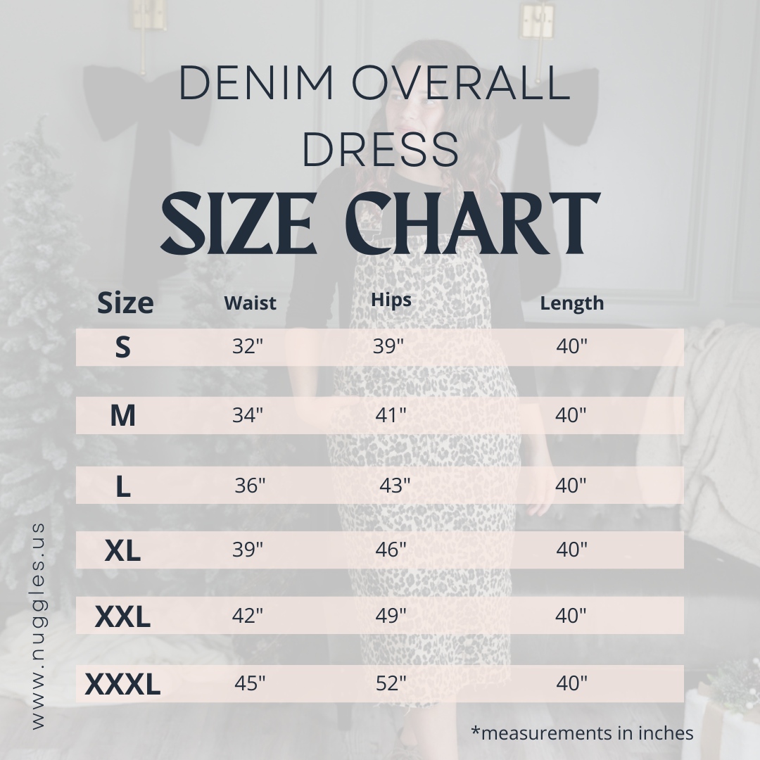 Size chart for Nuggles® Denim Overalls showing waist, hip, and length measurements for sizes S to XXXL in inches.