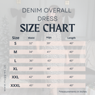 Size chart for Nuggles® Denim Overalls showing waist, hip, and length measurements for sizes S to XXXL in inches.
