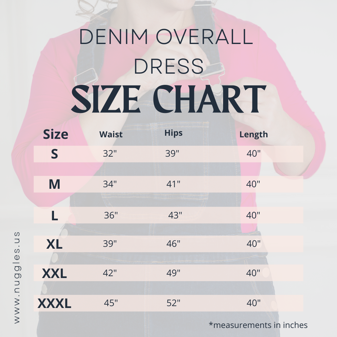 'NUGGLES® denim overall dress size chart showing waist, hip, and length measurements for sizes S to XXXL.