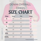 'NUGGLES® denim overall dress size chart showing waist, hip, and length measurements for sizes S to XXXL.