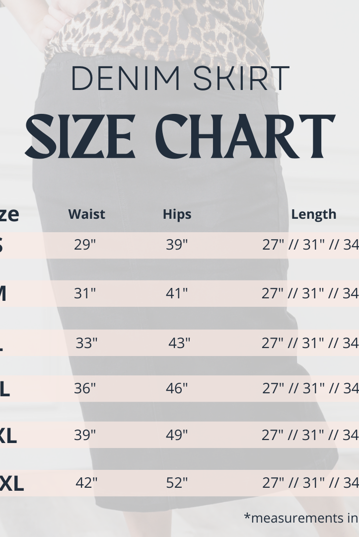 Denim skirt size chart with waist, hip, and length measurements for sizes S to XXXL. Length options include 27", 31", and 34". Measurements shown in inches.