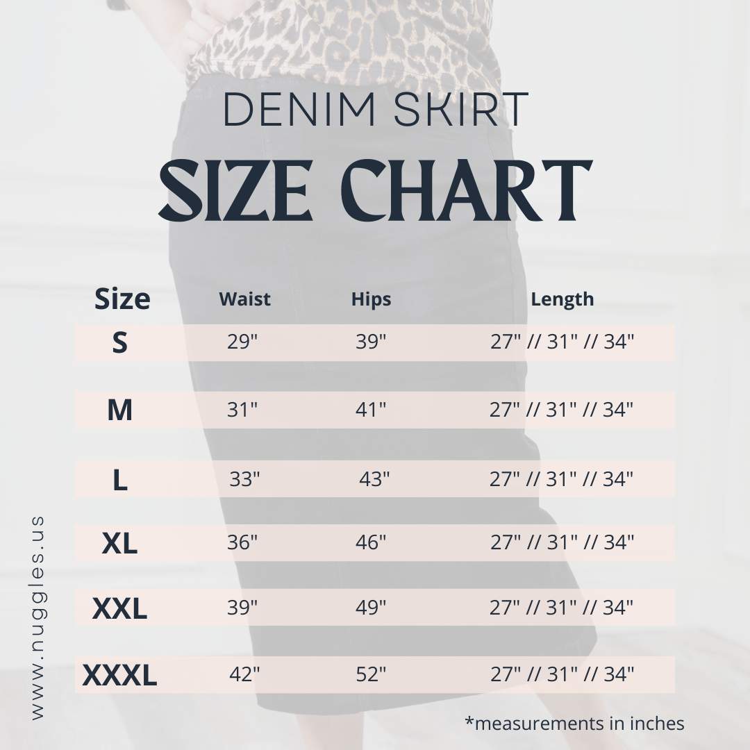 Denim skirt size chart with waist, hip, and length measurements for sizes S to XXXL. Length options include 27", 31", and 34". Measurements shown in inches.