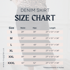 Denim skirt size chart with waist, hip, and length measurements for sizes S to XXXL. Length options include 27", 31", and 34". Measurements shown in inches.