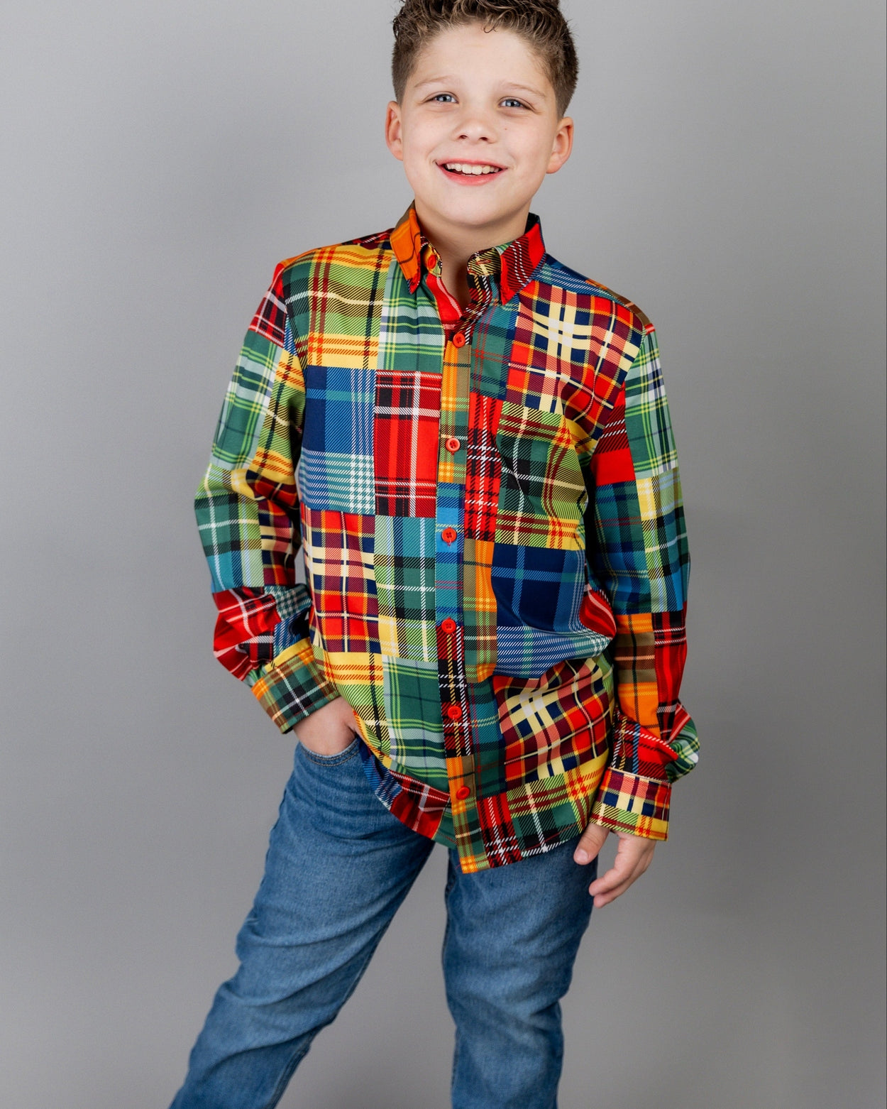 Boys' Button Down Shirt in Patch Plaid - Final Sale nuggles-clothing