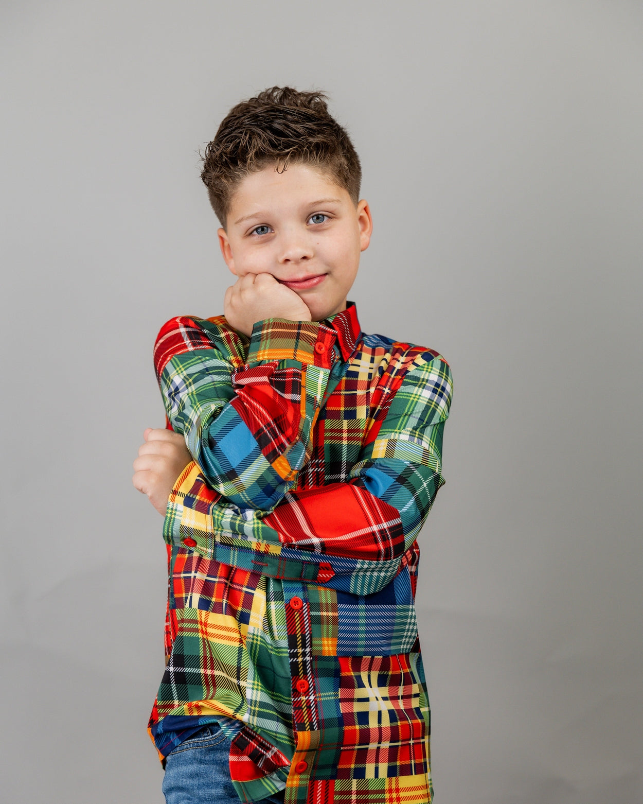 Boys' Button Down Shirt in Patch Plaid - Final Sale nuggles-clothing