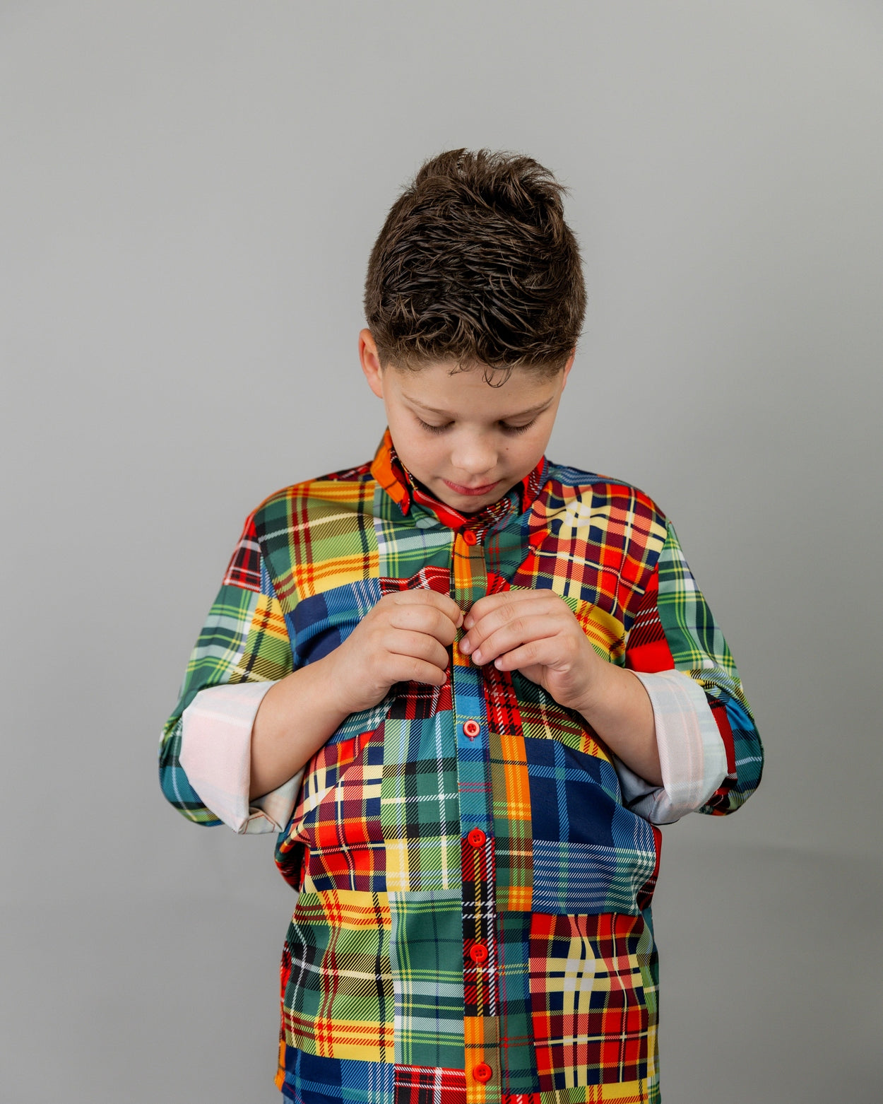 Boys' Button Down Shirt in Patch Plaid - Final Sale nuggles-clothing