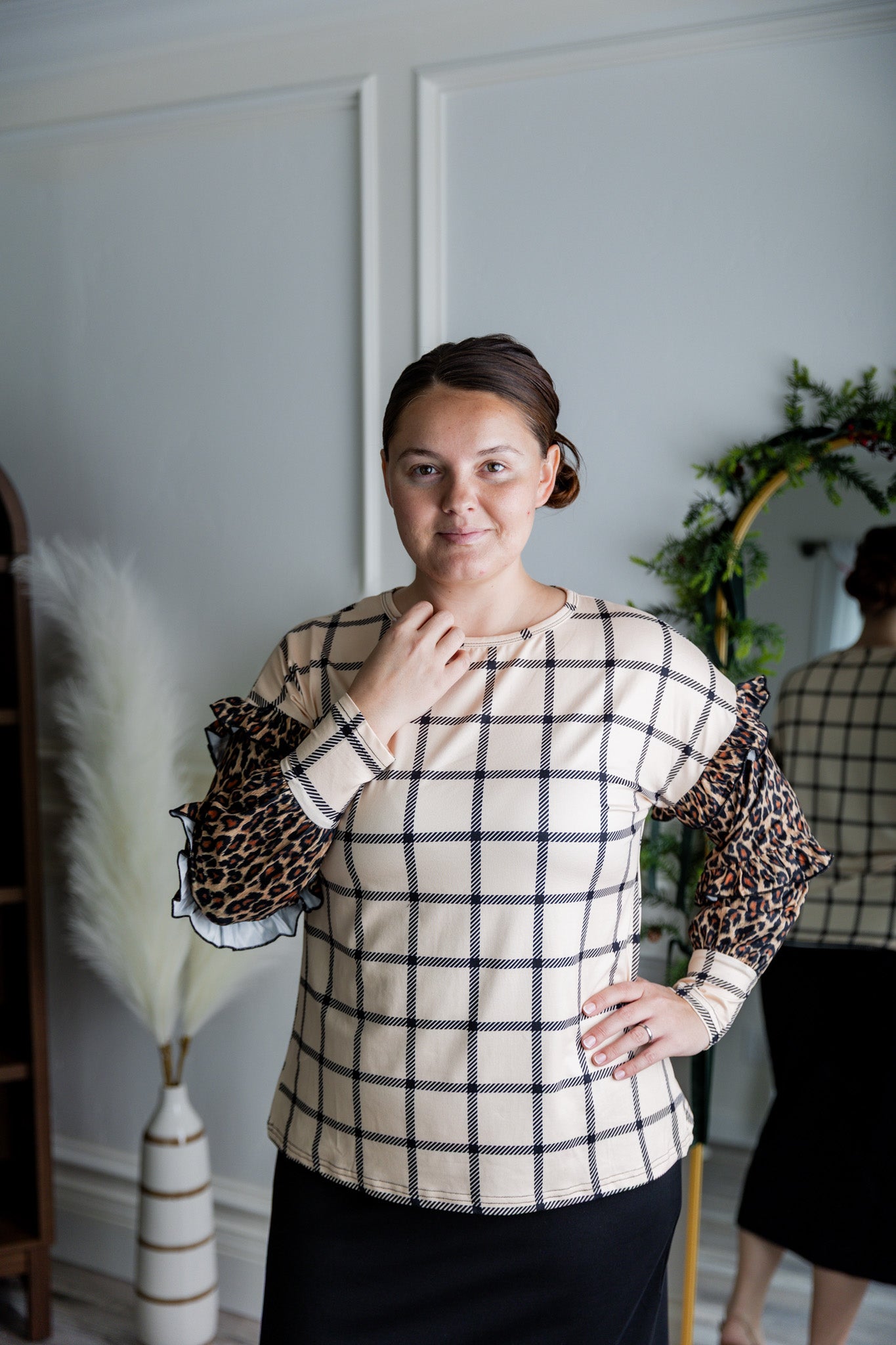 Nuggles® Rilynn Top – modest women’s printed top with ruffled sleeves and relaxed fit.