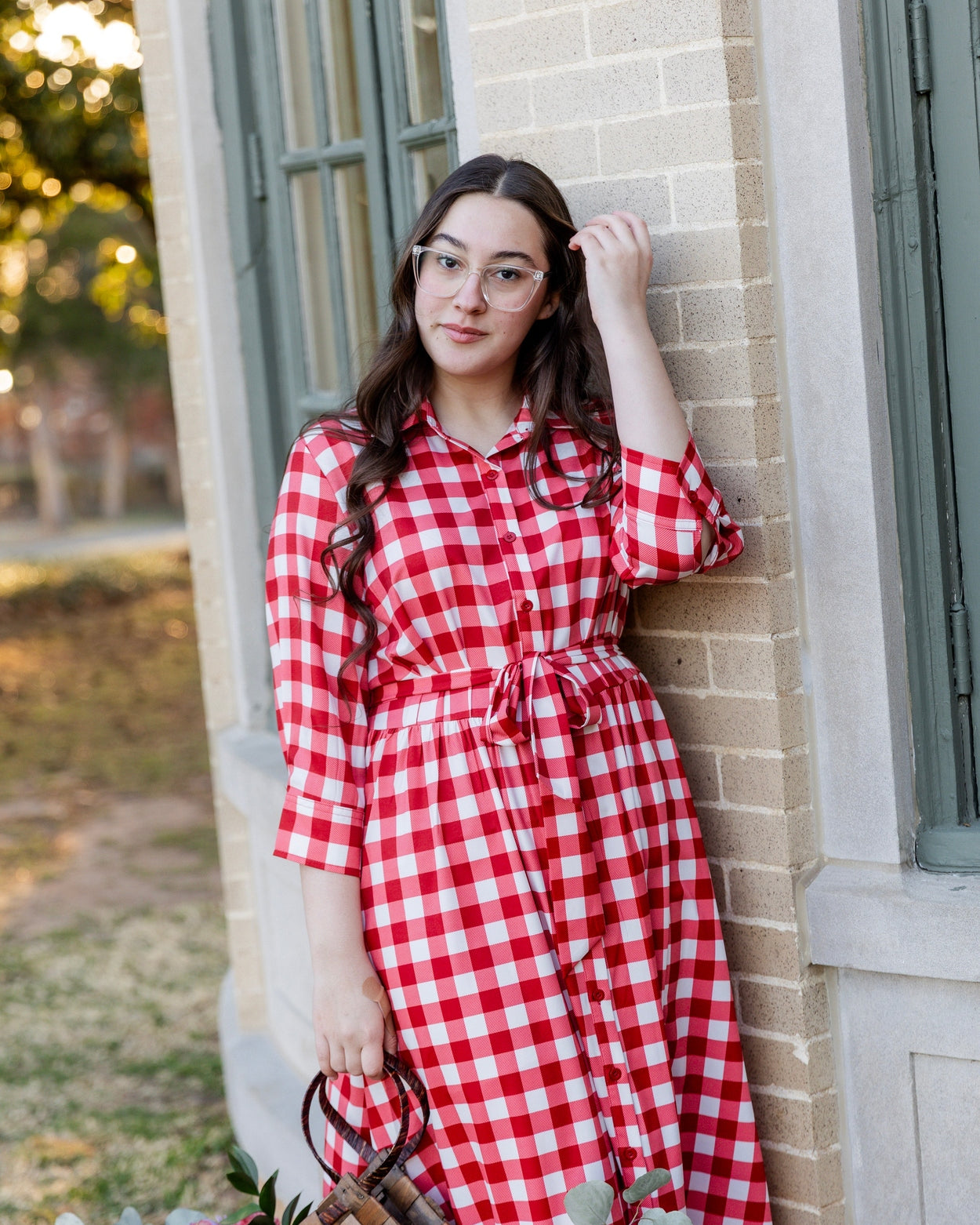 Model wearing the Nuggles® Rachel Dress in Cherry Jam