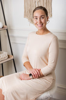 Model wearing  Nuggles® Original Style Midi Layering Dress in soft cotton knit