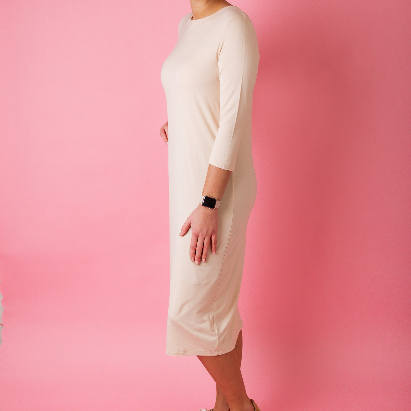 Model wearing Nuggles® Original Style Midi Layering Dress in soft cotton knit