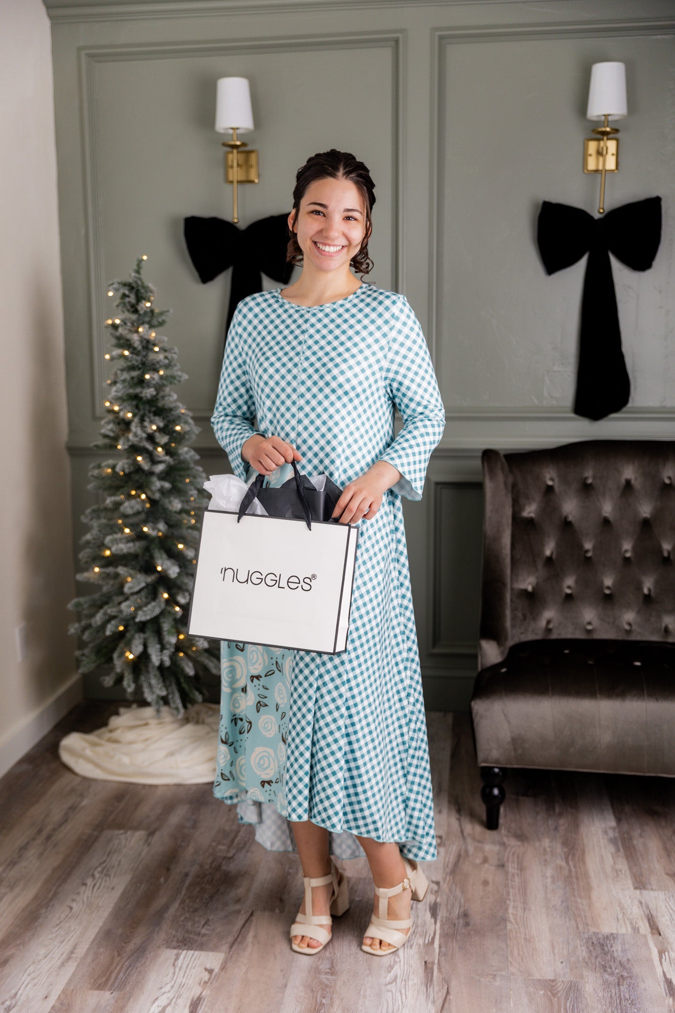 Modest high low knit dress with asymmetrical hem, ruffle sleeves, and mixed front prints – Kristine Dress by Nuggles®