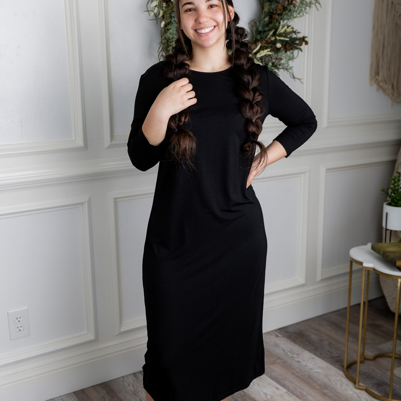 Model wearing Nuggles® Original Style Midi Layering Dress in soft cotton knit