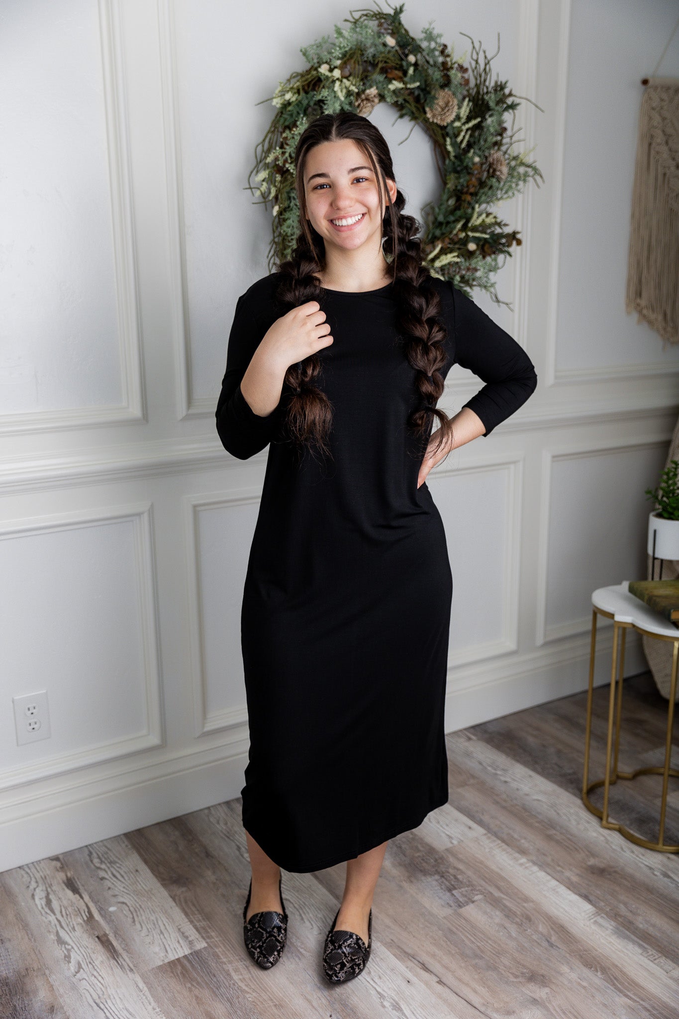 Model wearing Nuggles® Original Style Midi Layering Dress in soft cotton knit