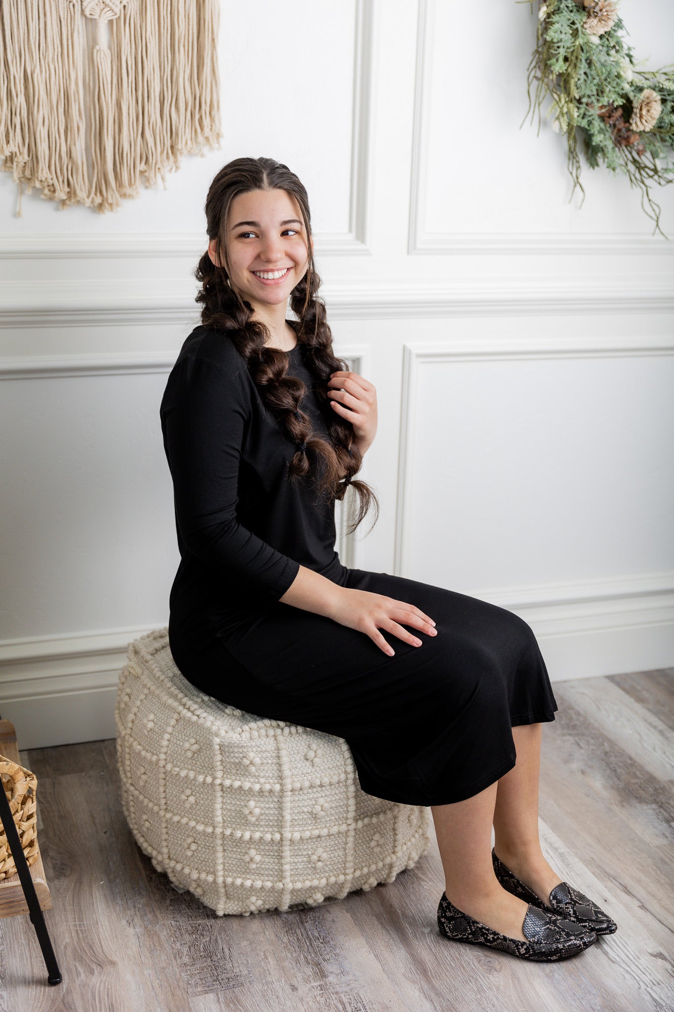 Model wearing Nuggles® Original Style Midi Layering Dress in soft cotton knit