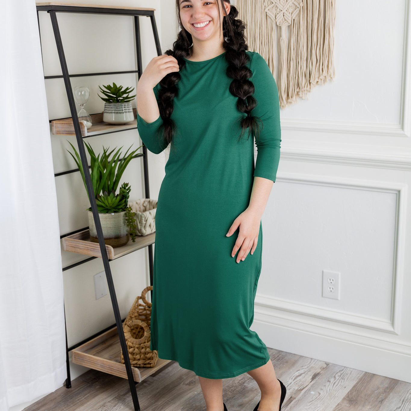 Model wearing Nuggles® Original Style Midi Layering Dress in soft cotton knit