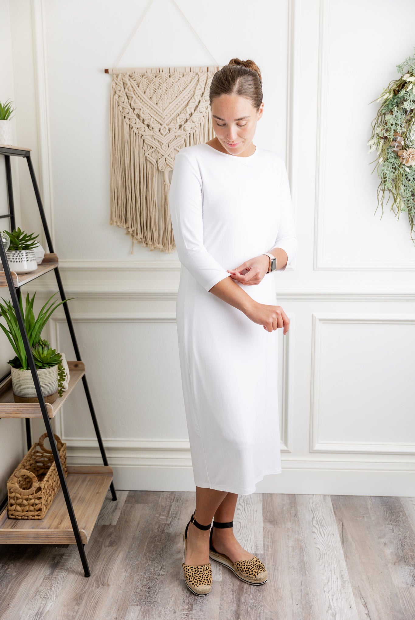 Model wearing  Nuggles® Original Style Midi Layering Dress in soft cotton knit