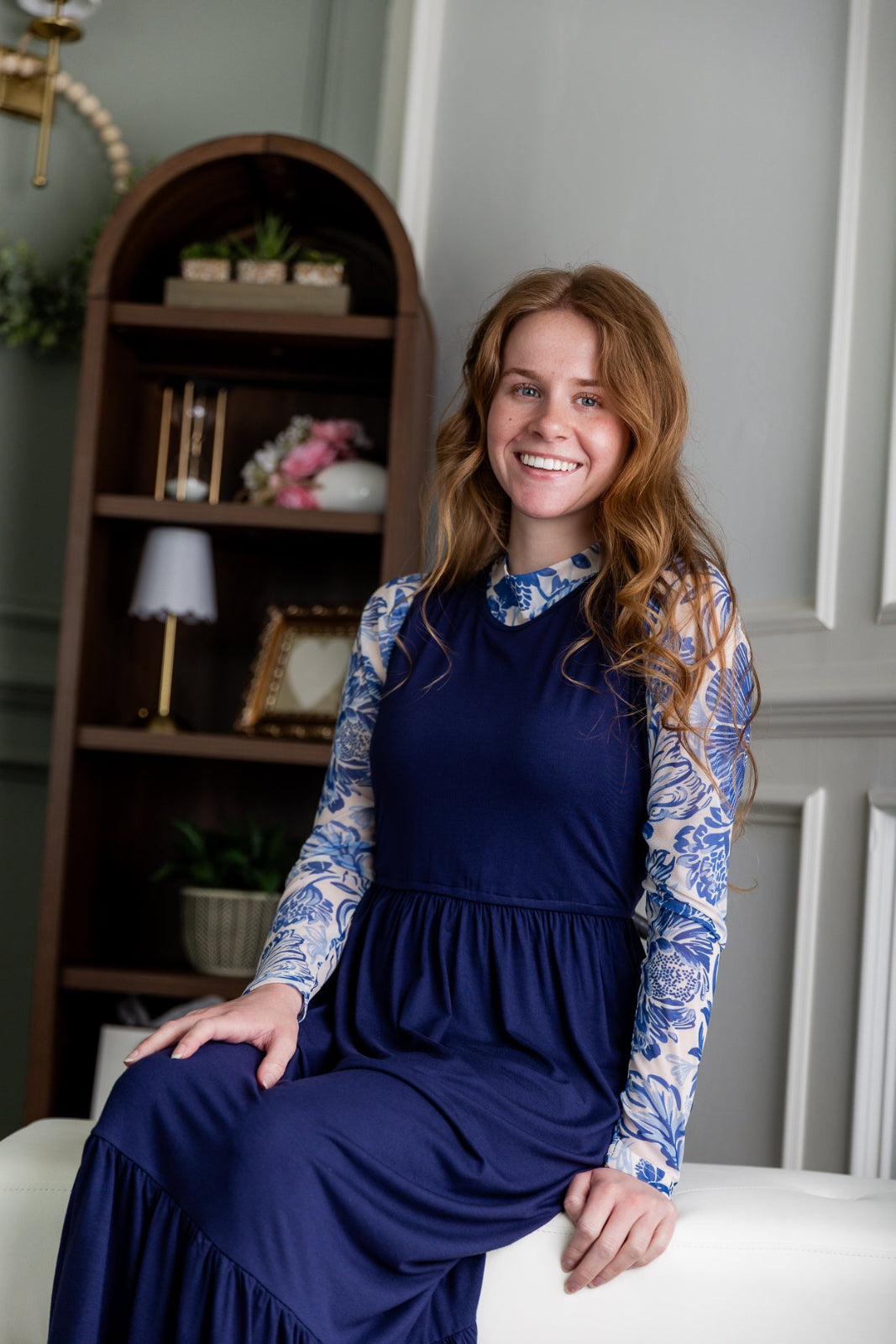 Model wearing Nuggles® Mesh Tee top in Coastal Blooms