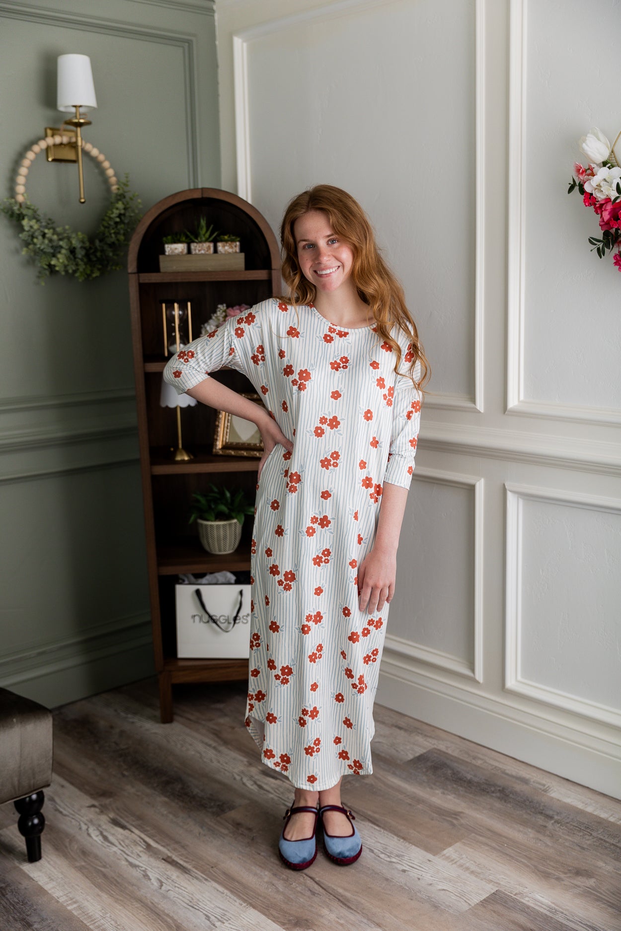 Model wearing Nuggles® Heather Dress in Rosebud Pinstripe