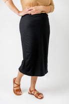 model wearing the Nuggles® Relaxed Midi Skirt in 31" length – modest and classic knit skirt.