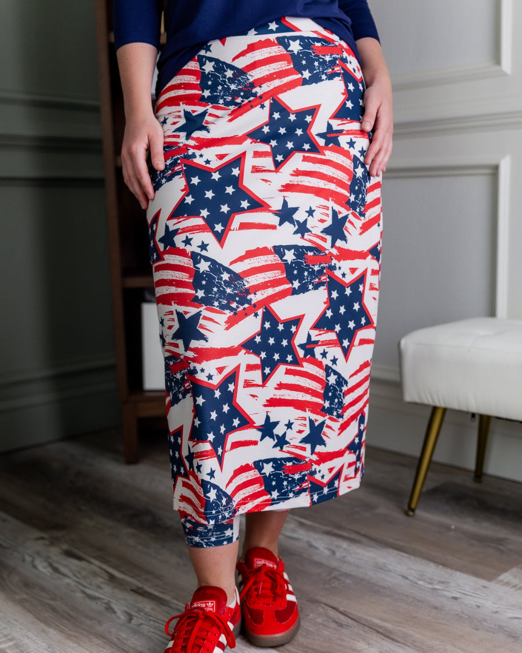 Model wearing the Nuggles® 31" All-Sport Skirt in Star-Spangled Parade