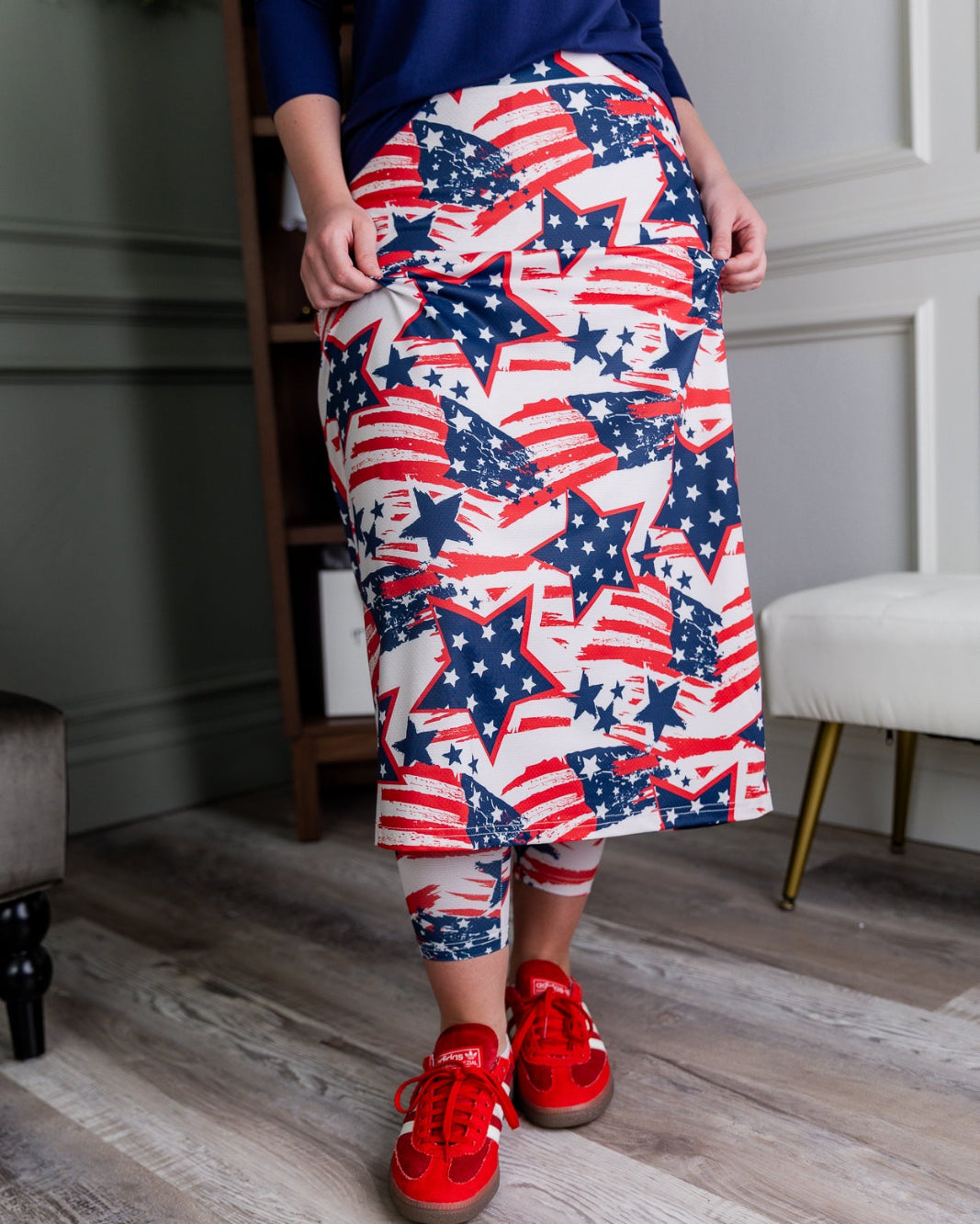 Model wearing the Nuggles® 31" All-Sport Skirt in Star-Spangled Parade