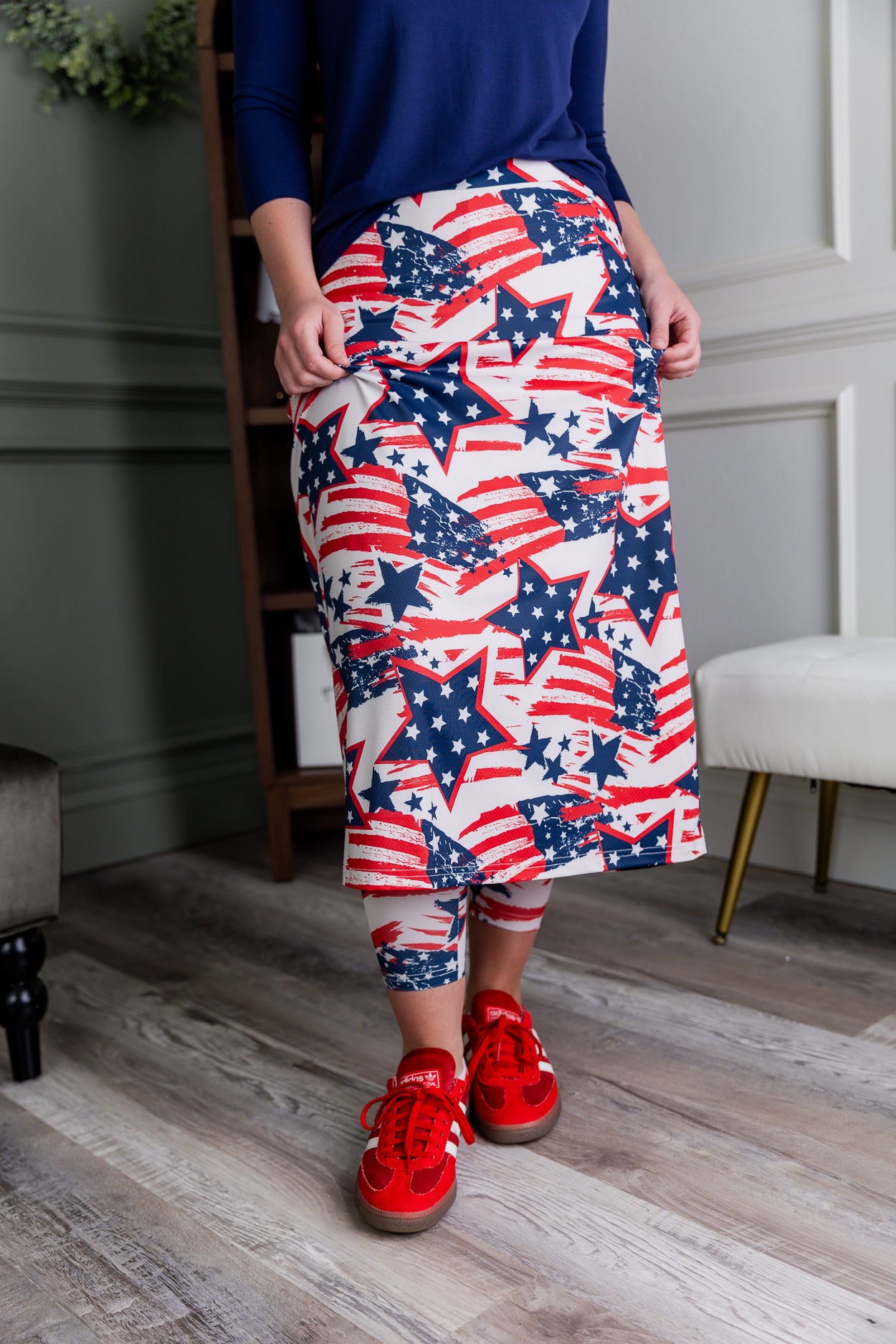 Model wearing Nuggles® 31" Sport Skirt in Star-Spangled Parade