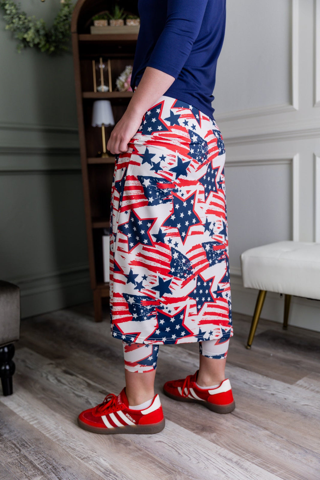 Model wearing the Nuggles® 31" All-Sport Skirt in Star-Spangled Parade