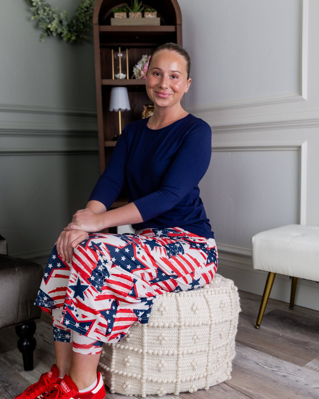 Model wearing the Nuggles® 31" All-Sport Skirt in Star-Spangled Parade