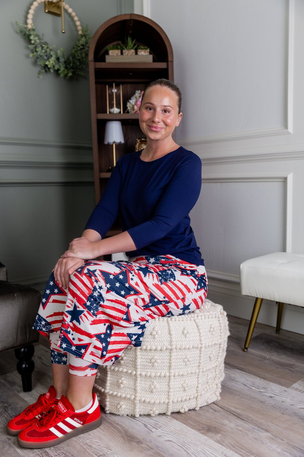 Model wearing the Nuggles® 31" All-Sport Skirt in Star-Spangled Parade
