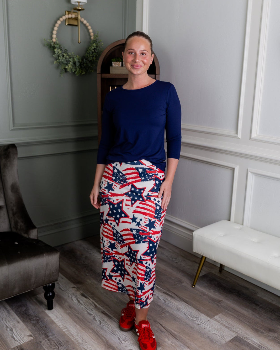 Model wearing the Nuggles® 31" All-Sport Skirt in Star-Spangled Parade