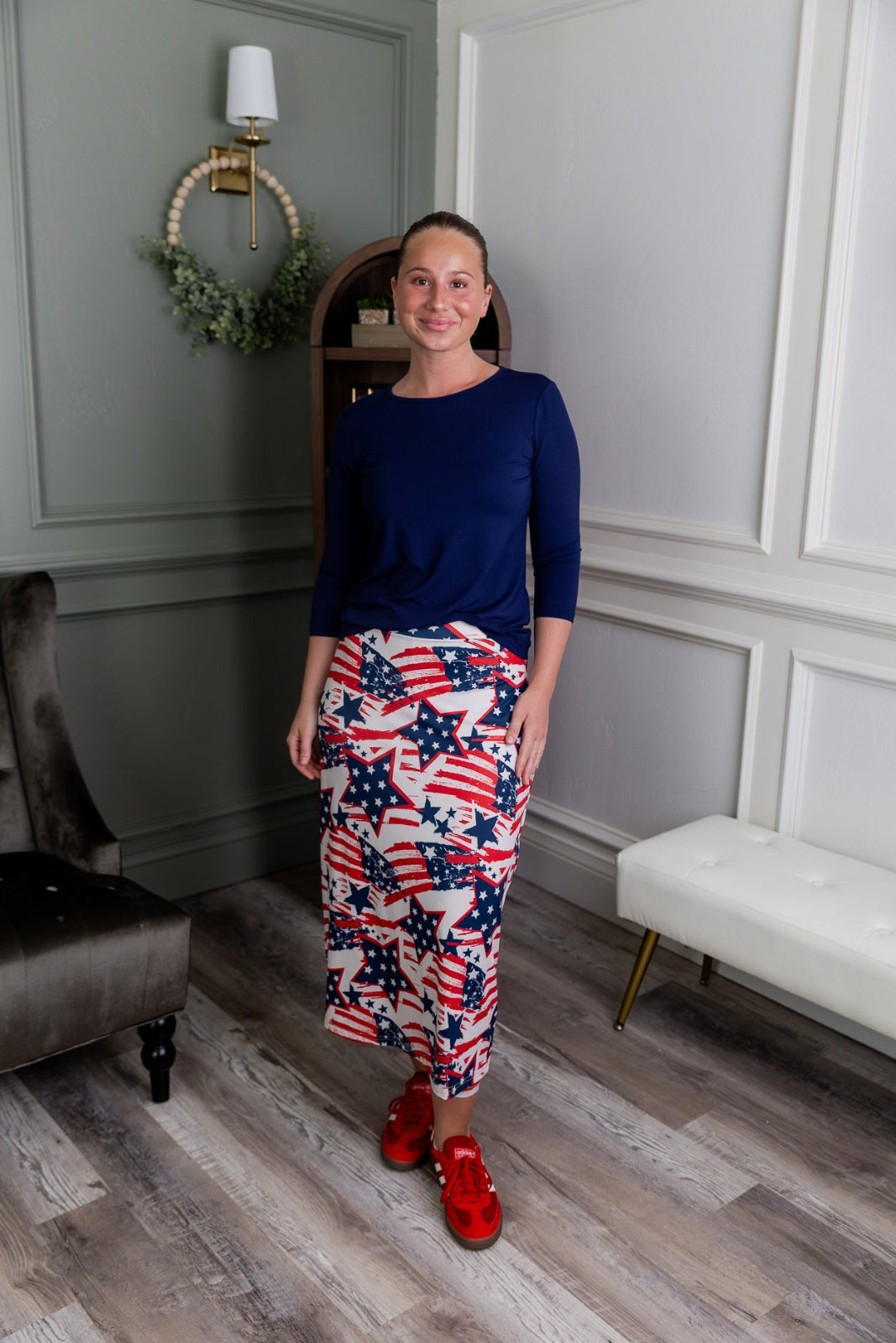 Model wearing the Nuggles® 31" All-Sport Skirt in Star-Spangled Parade