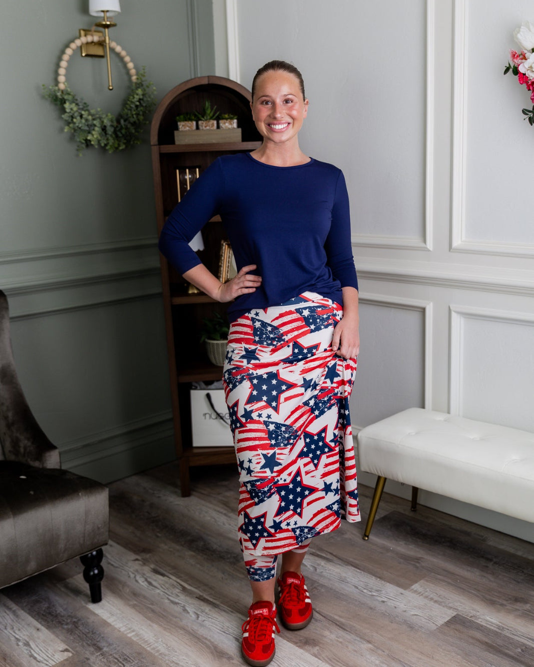 Model wearing the Nuggles® 31" All-Sport Skirt in Star-Spangled Parade