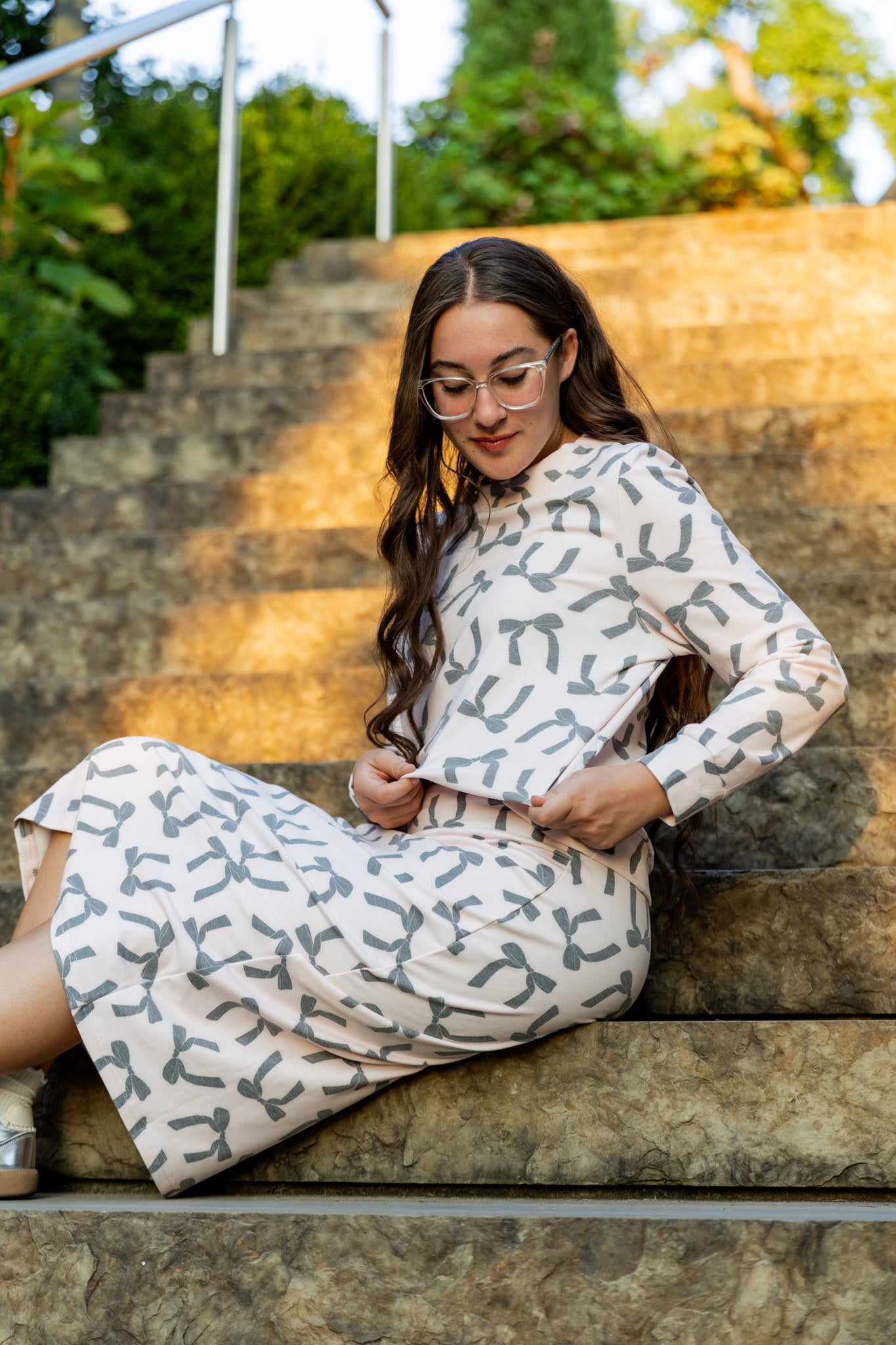 Nuggles® Iris two-piece set featuring soft knit midi skirt and crew-neck sweatshirt top