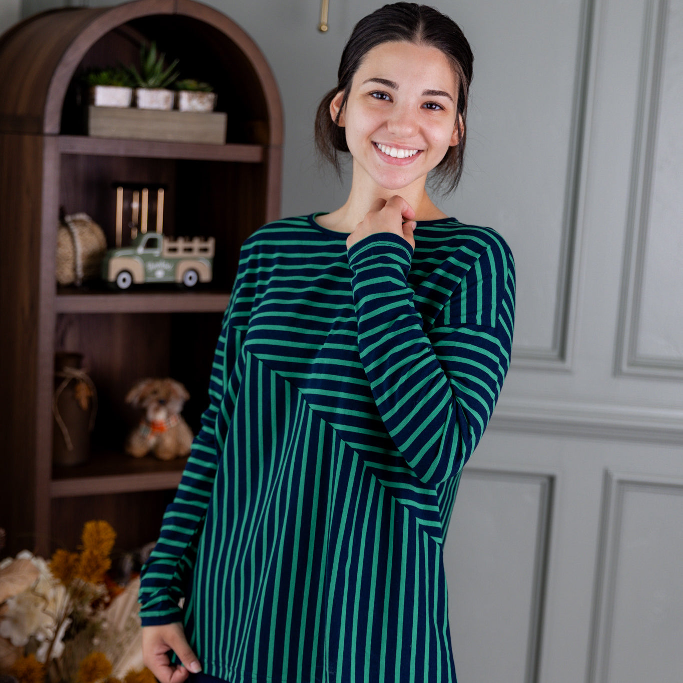 Nuggles® Indy Top women’s long sleeve knit shirt with relaxed fit and crew neckline