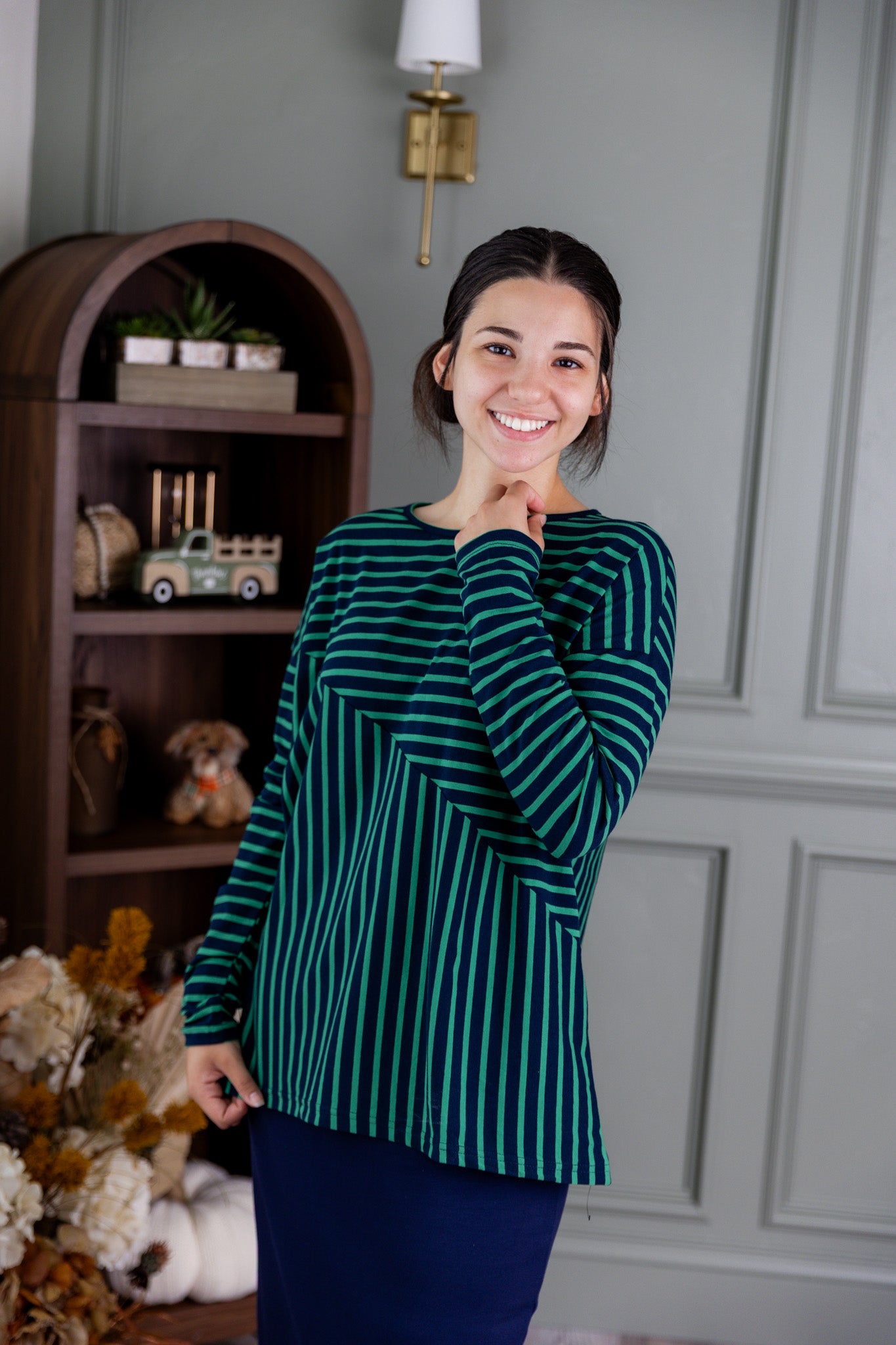 Nuggles® Indy Top women’s long sleeve knit shirt with relaxed fit and crew neckline