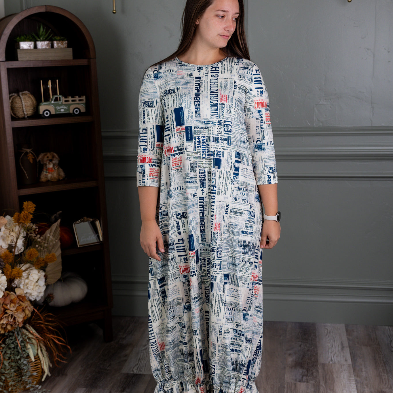 Model showing the modest and stylish Nuggles® Maxi Bristol Dress in assorted prints.