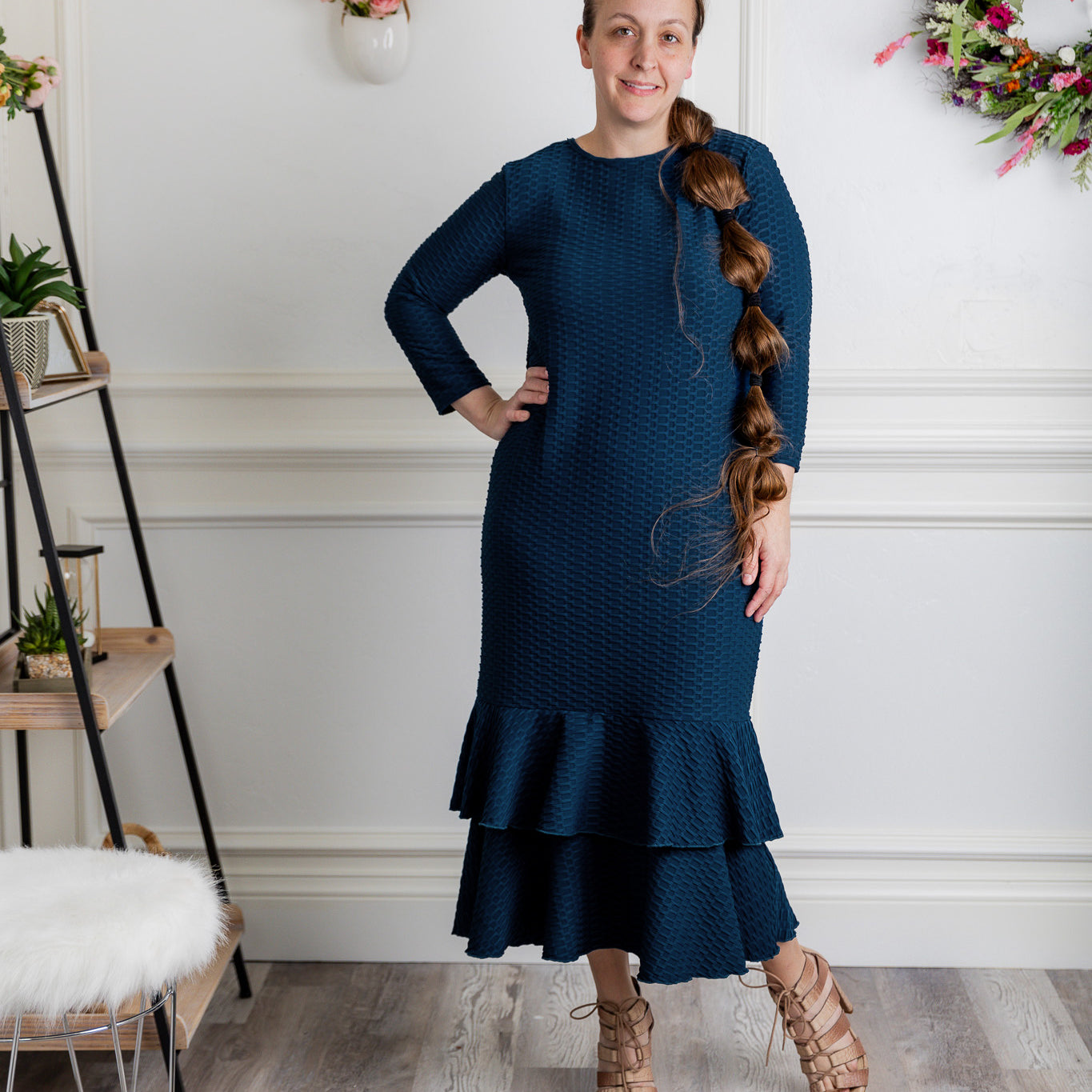 Modest ruffle layering dress for women in textured fabric – perfect for church, everyday wear, or layering outfits.