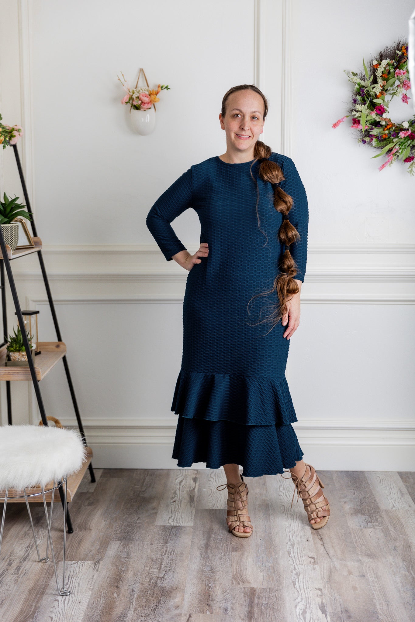 Modest ruffle layering dress for women in textured fabric – perfect for church, everyday wear, or layering outfits.