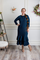 Modest ruffle layering dress for women in textured fabric – perfect for church, everyday wear, or layering outfits.